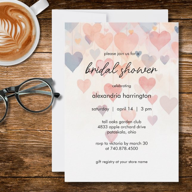 Convite Modern Watercolor Hearts Bridal Shower (Criador carregado)