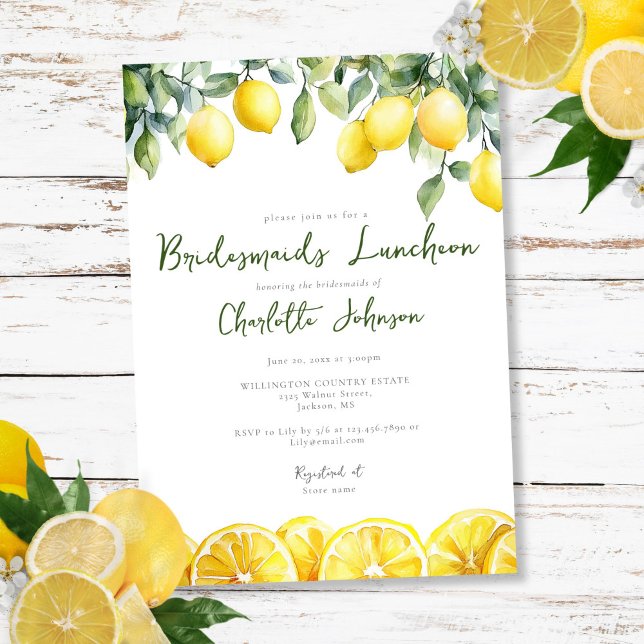 Convite Modern Watercolor Lemon Bridesmaids Luncheids (Modern Watercolor Lemon Bridesmaids Luncheon Invitation)