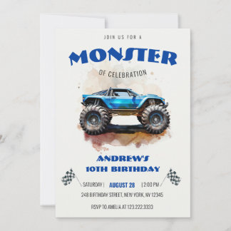 Convite Modern Watercolor Monster Truck Blue Boy Birthday 
