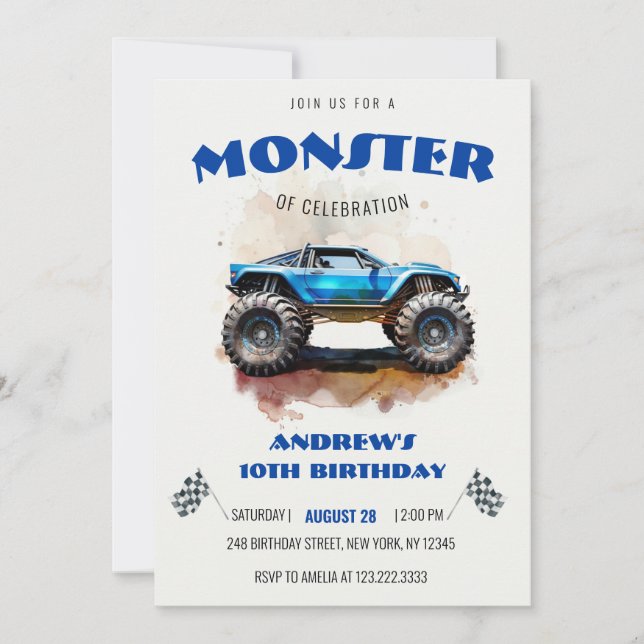 Convite Modern Watercolor Monster Truck Blue Boy Birthday  (Frente)