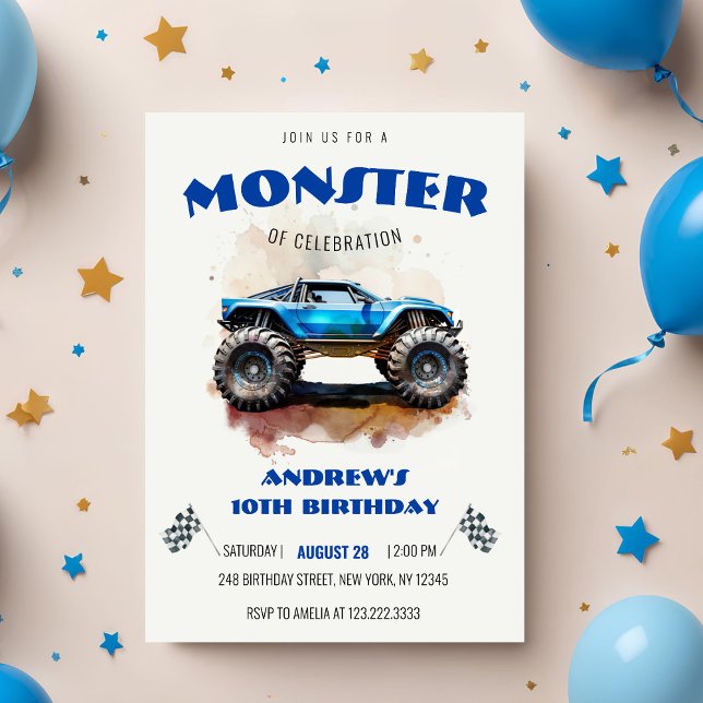 Convite Modern Watercolor Monster Truck Blue Boy Birthday  (Criador carregado)