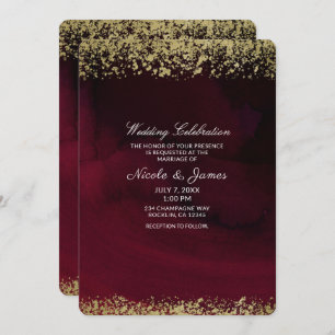 Convite Modern Watercolor Moody Maroon e Casamento Dourado
