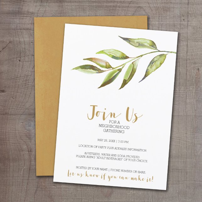 Convite Modern Watercolor Neighhood Cocktail Party gold (Open House Party Invitation - General Design with a Modern watercolor leaf)