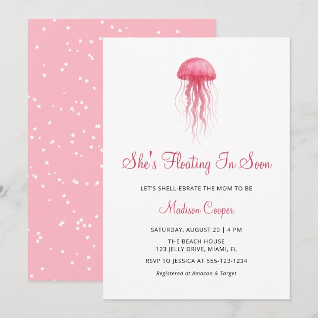 Convite Modern Watercolor Pink Jellyfish Girl Baby Shower (Frente/Verso)