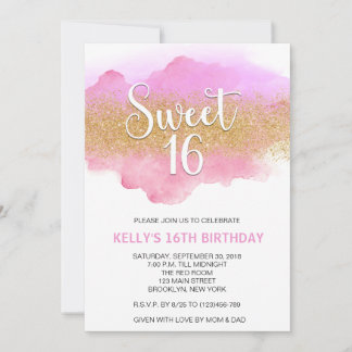 Convite Modern Watercolor Pink Sweet 16 Sixteen