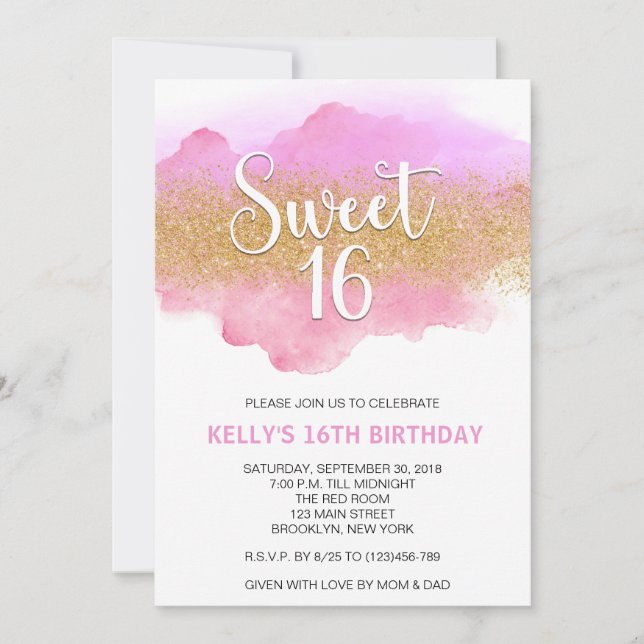 Convite Modern Watercolor Pink Sweet 16 Sixteen (Frente)