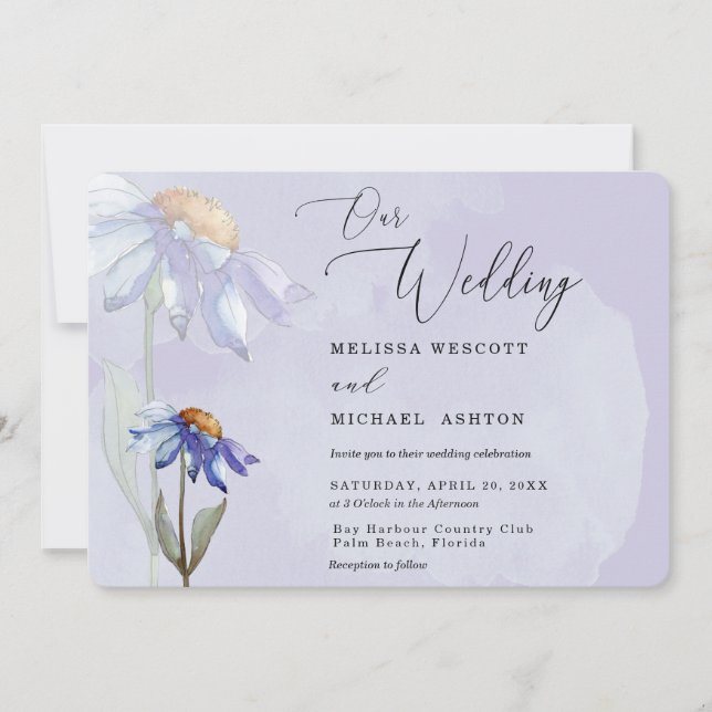 Convite Modern Watercolor Purple Gerbera Daisy Wedding (Frente)