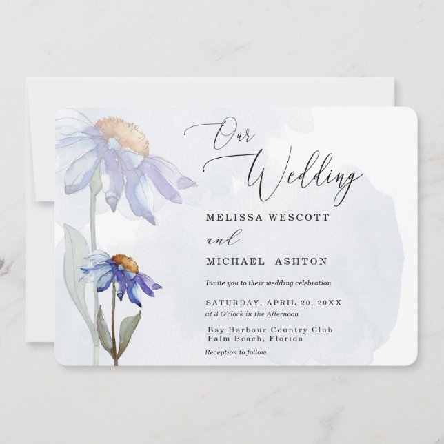 Convite Modern Watercolor Purple Gerbera Daisy Wedding (Frente)