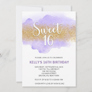 Convite Modern Watercolor Purple Sweet 16 Sixteen