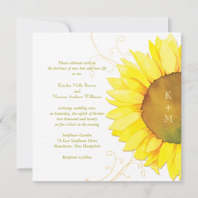 Convite Modern Watercolor Sunflower Themed Weding (Frente)