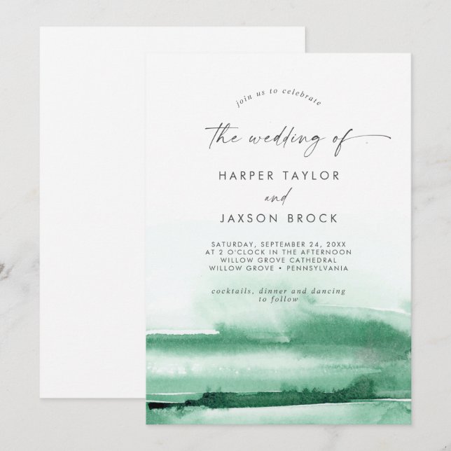 Convite Modern Watercolor | Verde Casamento De (Frente/Verso)