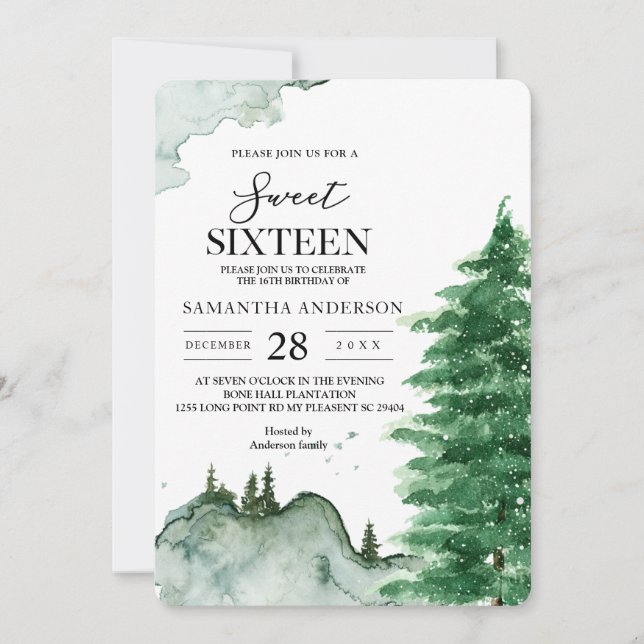 Convite Modern Watercolor Winter Nature Green Trees Invita (Frente)