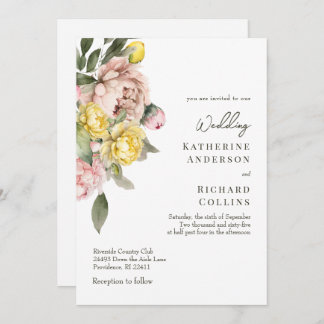Convite Modern Watercolor Yellow & Pink Peonies Wedding