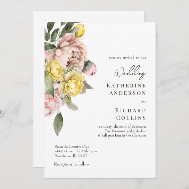 Convite Modern Watercolor Yellow & Pink Peonies Wedding (Frente/Verso)