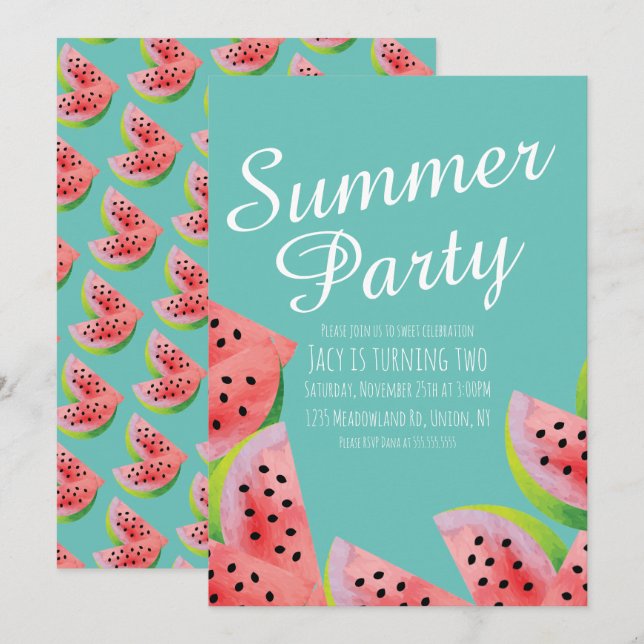 Convite Modern Watermelon Watercolor Summer Party (Frente/Verso)