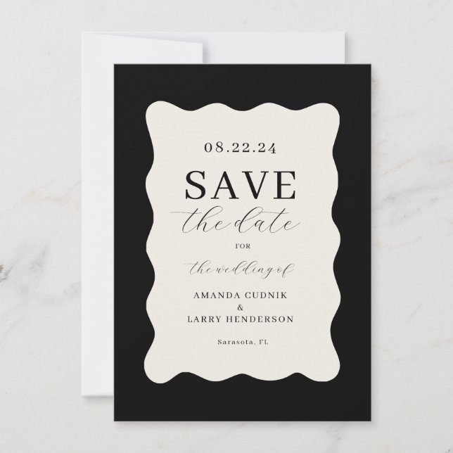 Convite Modern Wavy Black and Cream Weding Save The Date ( (Frente)
