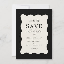 Convite Modern Wavy Black and Cream Weding Save The Date (