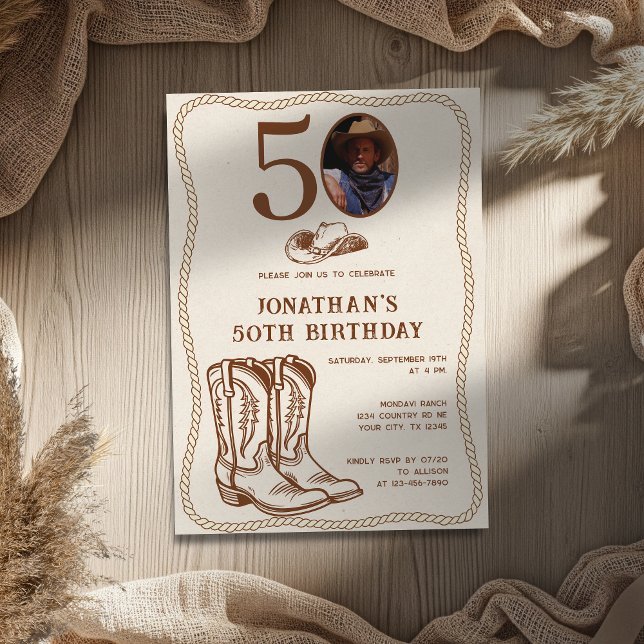 Convite Modern Western Cowboy Boots 40 50 Photo Birthday (Criador carregado)