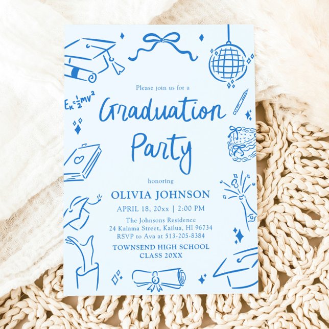 Convite Modern Whimsical Hand Drawn Blue Graduation Party (Modern Whimsical Hand Drawn Blue Graduation Party Invitation)