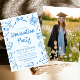 Convite Modern Whimsical Hand Drawn Blue Graduation Party