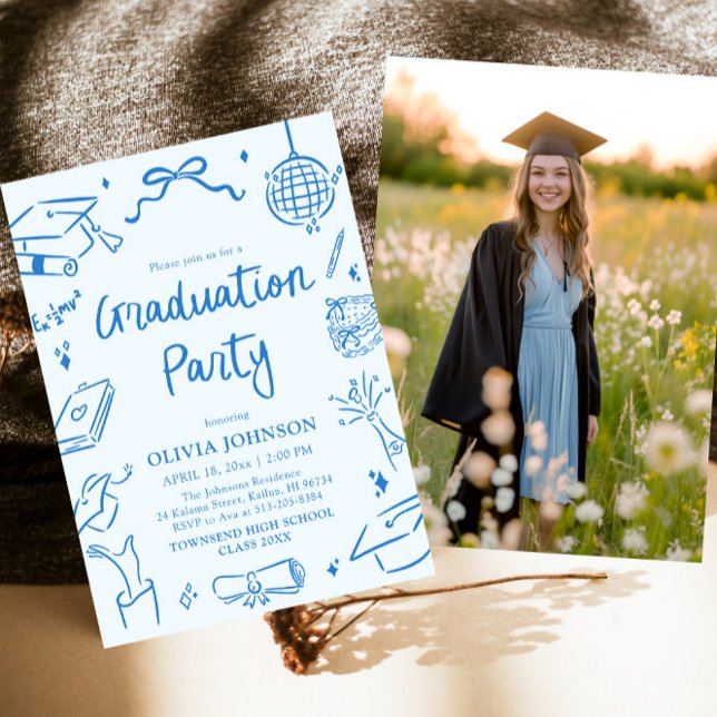 Convite Modern Whimsical Hand Drawn Blue Graduation Party (Modern Whimsical Hand Drawn Blue Graduation Party Invitation)
