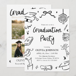 Convite Modern Whimsical Hand Drawn Bow Graduation Party 