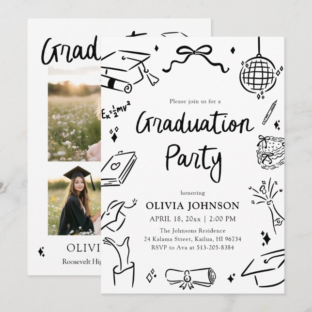 Convite Modern Whimsical Hand Drawn Bow Graduation Party  (Frente/Verso)