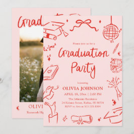 Convite Modern Whimsical Hand Drawn Bow Graduation Party