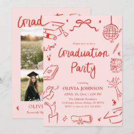Convite Modern Whimsical Hand Drawn Bow Graduation Party