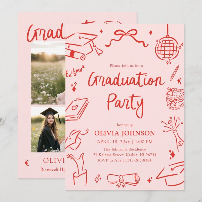 Convite Modern Whimsical Hand Drawn Bow Graduation Party (Frente/Verso)