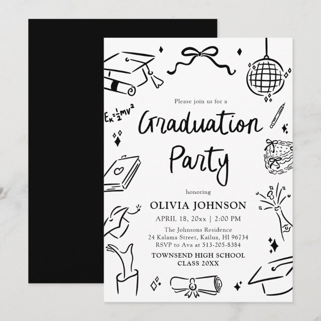 Convite Modern Whimsical Hand Drawn Bow Graduation Party (Frente/Verso)
