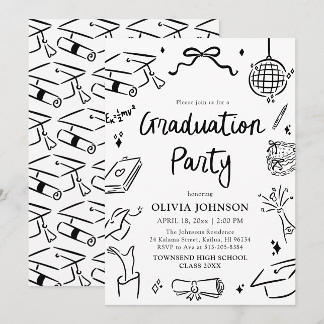 Convite Modern Whimsical Hand Drawn Bow Graduation Party (Frente/Verso)