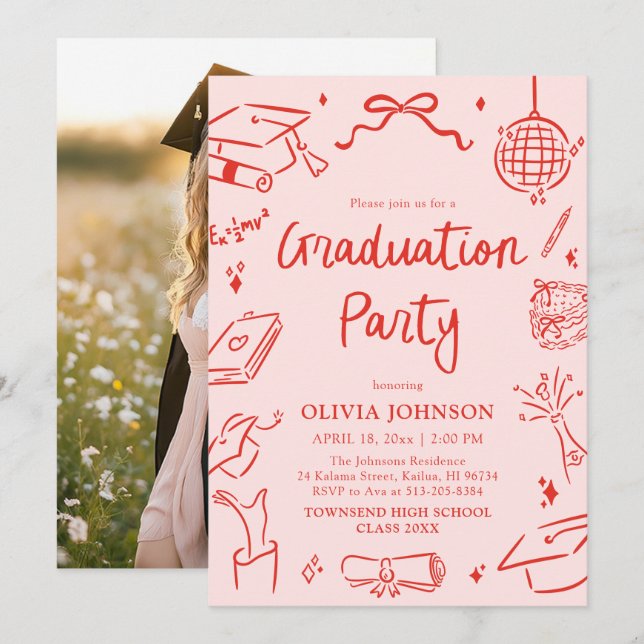 Convite Modern Whimsical Hand Drawn Bow Graduation Party (Frente/Verso)