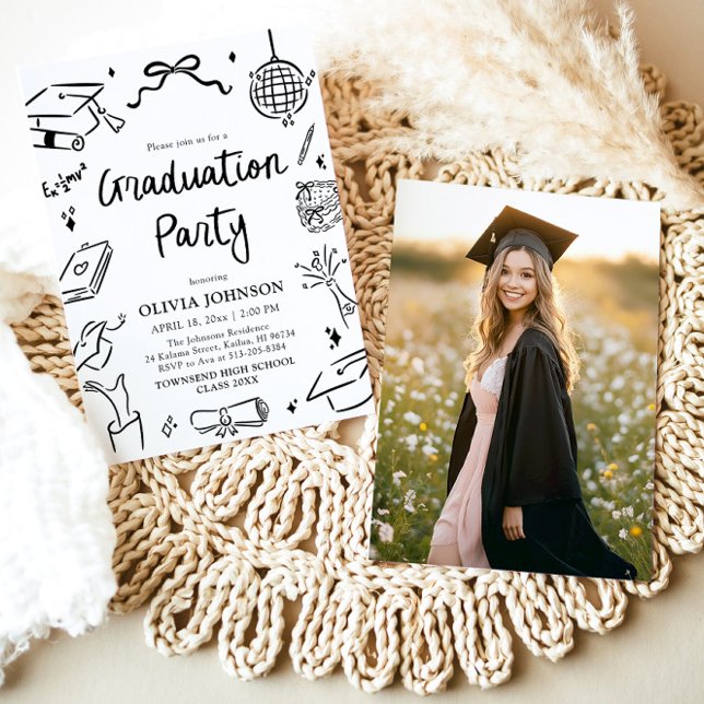 Convite Modern Whimsical Hand Drawn Bow Graduation Party (Modern Whimsical Hand Drawn Bow Graduation Party Invitation)