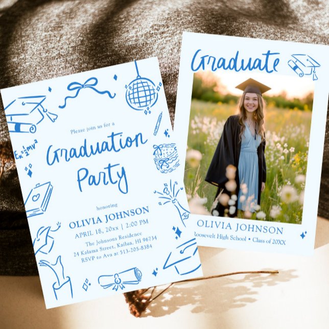 Convite Modern Whimsical Hand Drawn Bow Graduation Party (Modern Whimsical Hand Drawn Blue Graduation Party Invitation)