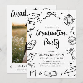 Convite Modern Whimsical Hand Drawn Bow Graduation Party