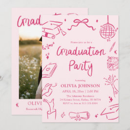 Convite Modern Whimsical Hand Drawn Pink Graduation Party