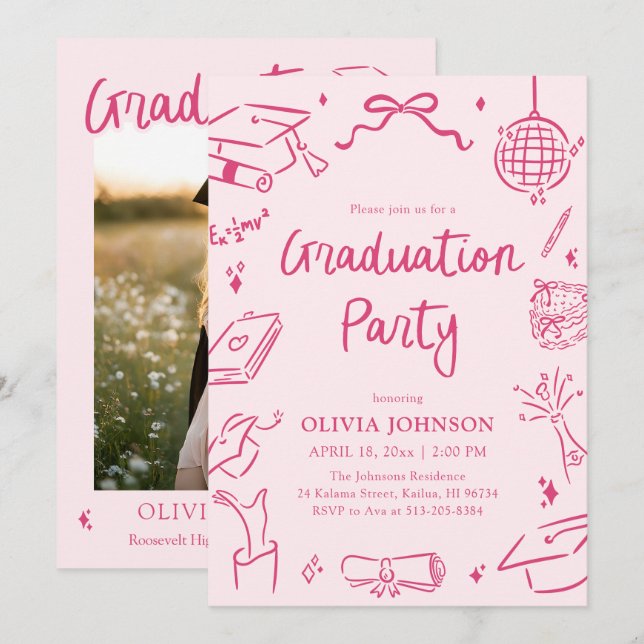 Convite Modern Whimsical Hand Drawn Pink Graduation Party (Frente/Verso)