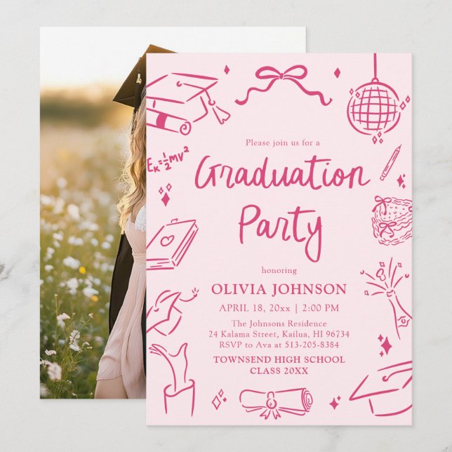 Convite Modern Whimsical Hand Drawn Pink Graduation Party (Frente/Verso)
