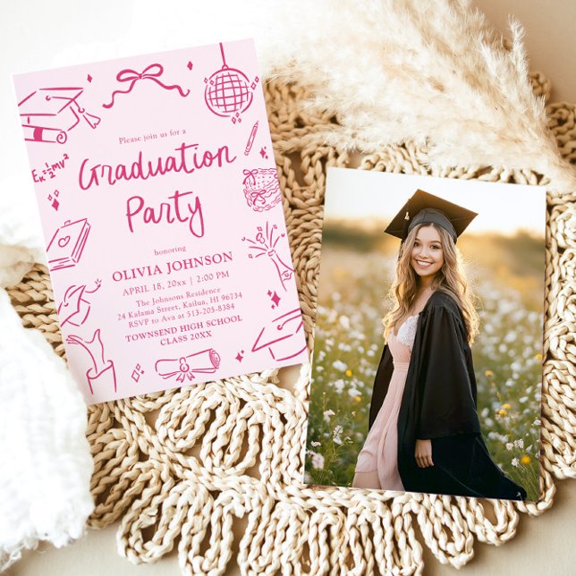 Convite Modern Whimsical Hand Drawn Pink Graduation Party (Modern Whimsical Hand Drawn Pink Graduation Party Invitation)