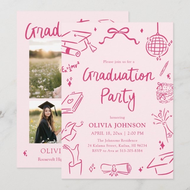 Convite Modern Whimsical Hand Drawn Pink Graduation Party (Frente/Verso)