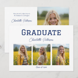 Convite Modern White and Blue Photo Graduation
