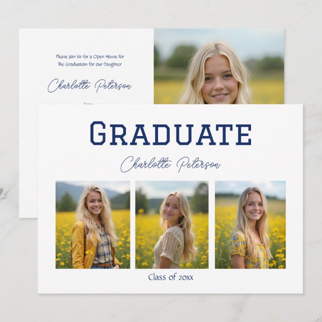 Convite Modern White and Blue Photo Graduation (Frente/Verso)