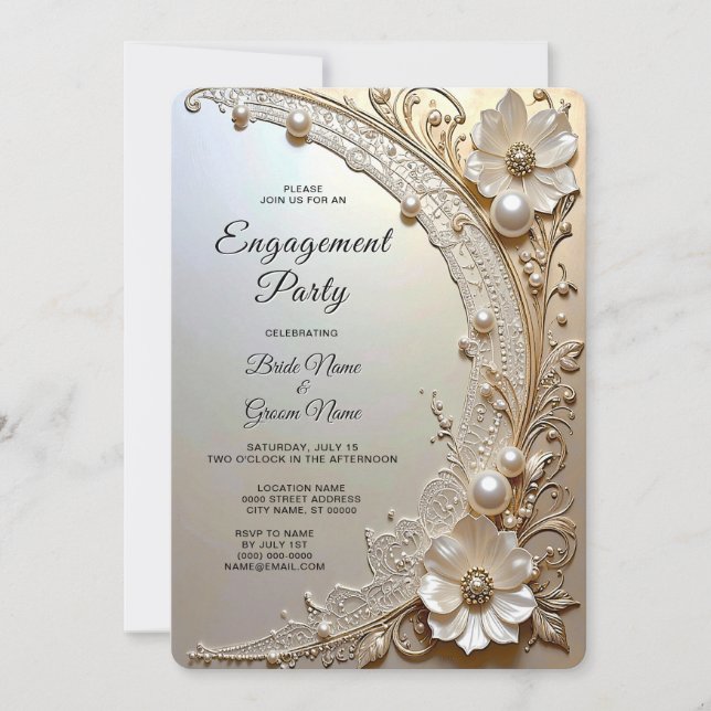 Convite Modern White Flowers Pearls Engagement Invitation (Frente)