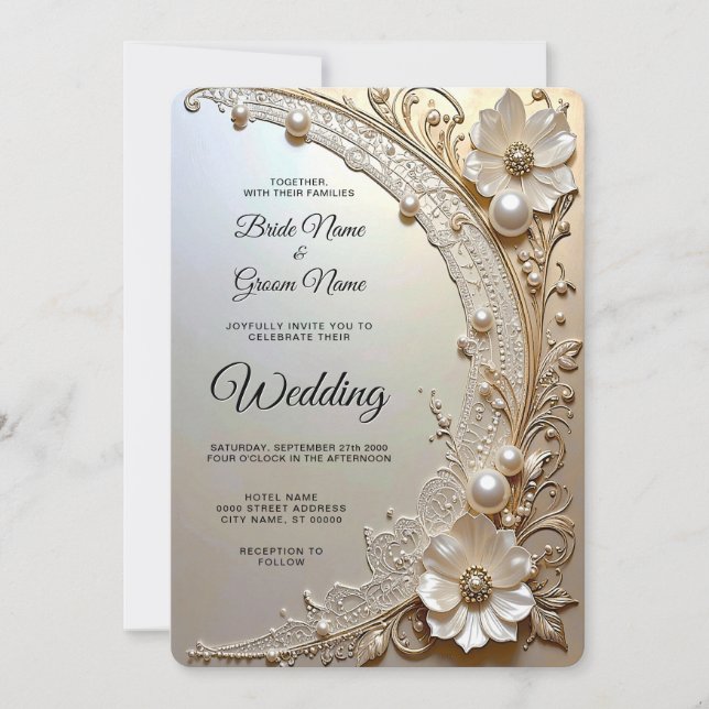 Convite Modern White Flowers Pearls Wedding Invitation (Frente)