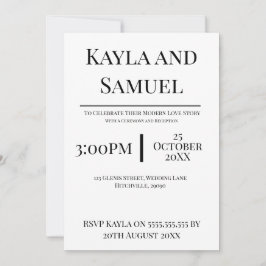 Convite Modern White Wedding Invitation with Black Text