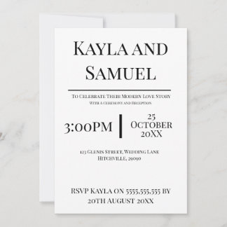 Convite Modern White Wedding Invitation with Black Text