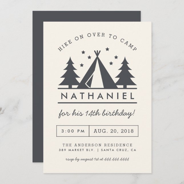 Convite Modern Wigwam no Woods Birthday Camp Party (Frente/Verso)