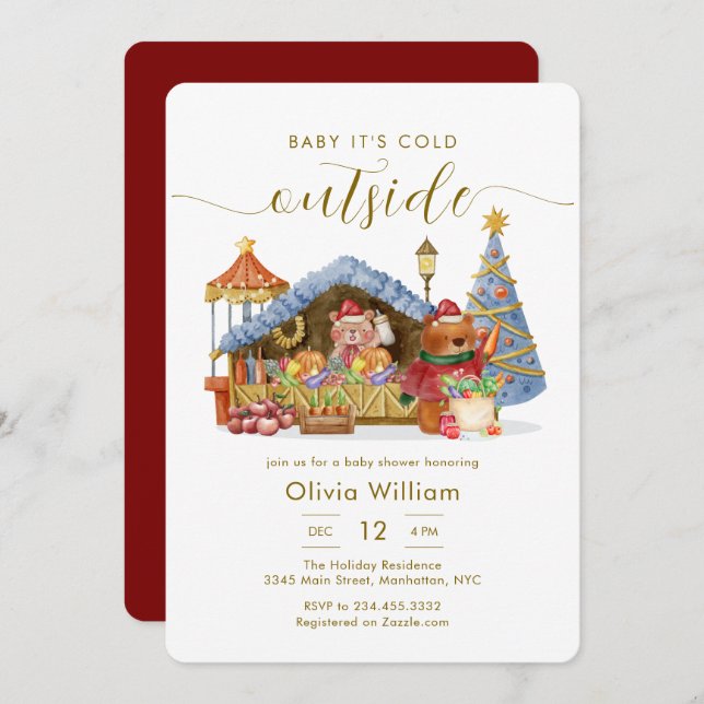 Convite Modern Winter Farmer Market Teddy Bear Baby Shower (Frente/Verso)