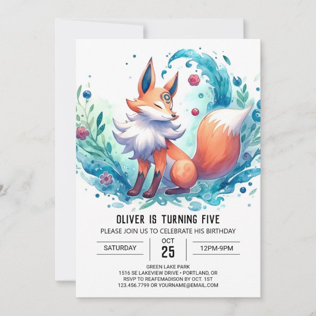 Convite Modern Woodland Fox Birthday (Frente)